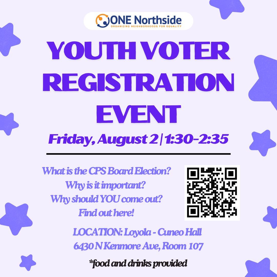 Join us for our youth voter registration event this Friday at Loyola! We'll discuss the upcoming CPS Board Election, its significance, and why we need our young voters to show their support. RSVP by scanning the QR code attached.