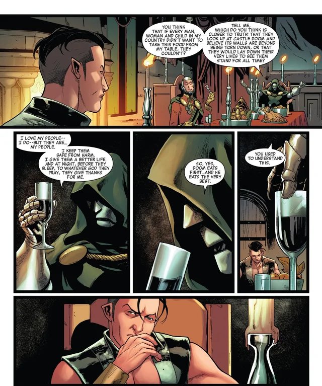 “Before they sleep, to whatever God they pray, they give thanks for me.” 

We need this exchange between Doom and Namor. So many fire bars.
