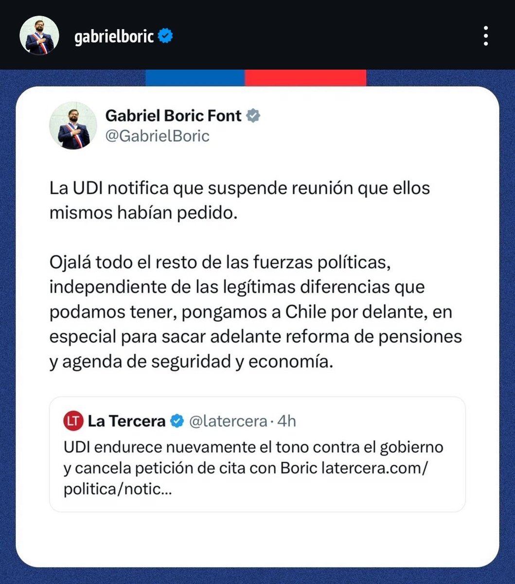 Boricsta's tweet photo. El presidente Gabriel Boric DESTROZÓ a la UDI por redes sociales 🚨

La UDI se resto de reunión que ellos mismos pidieron, por el tema de seguridad y reformas 🤷

La UDI en la UTI 🤦
.
.
#bancoestado yuhui diana venezolanos Carmen Hertz Piñera tiar el 6% apareció #GolpeDeEstado https://t.co/as444sUqj0