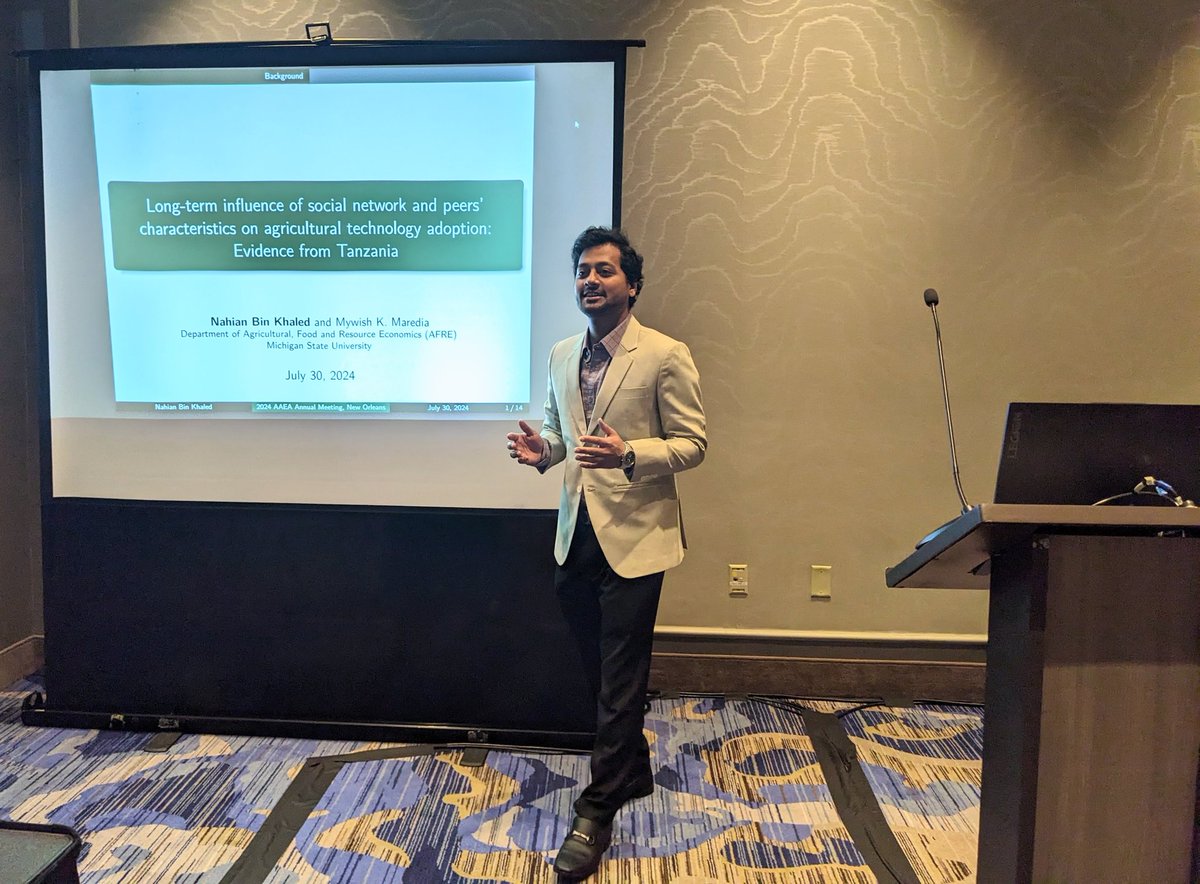 Michigan State AFRE Grad Student Organization (@afregso) on Twitter photo AFRE students at the #AAEA2024:
AFRE PhD Candidate <a href="/NahianBinKhaled/">Nahian Bin Khaled</a> is presenting his paper on technology adoption in Tanzania. AFRE students at the #AAEA2024:
AFRE PhD Candidate <a href="/NahianBinKhaled/">Nahian Bin Khaled</a> is presenting his paper on technology adoption in Tanzania.
