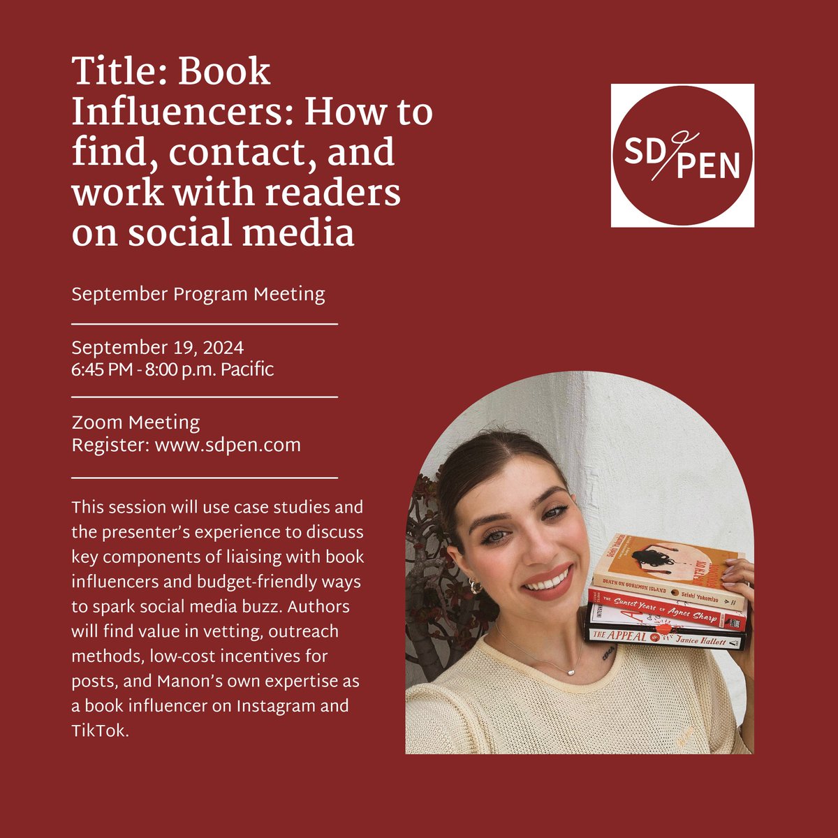 sdPEN's tweet photo. September's talk is about book influencers—locating, contacting, and working with readers on social media with Manon Wogahn. This session will use case studies and the presenter’s own experience to discuss social media and books. Sign up now!

https://t.co/NyrC6NBE1r https://t.co/l9bv4d3FFW