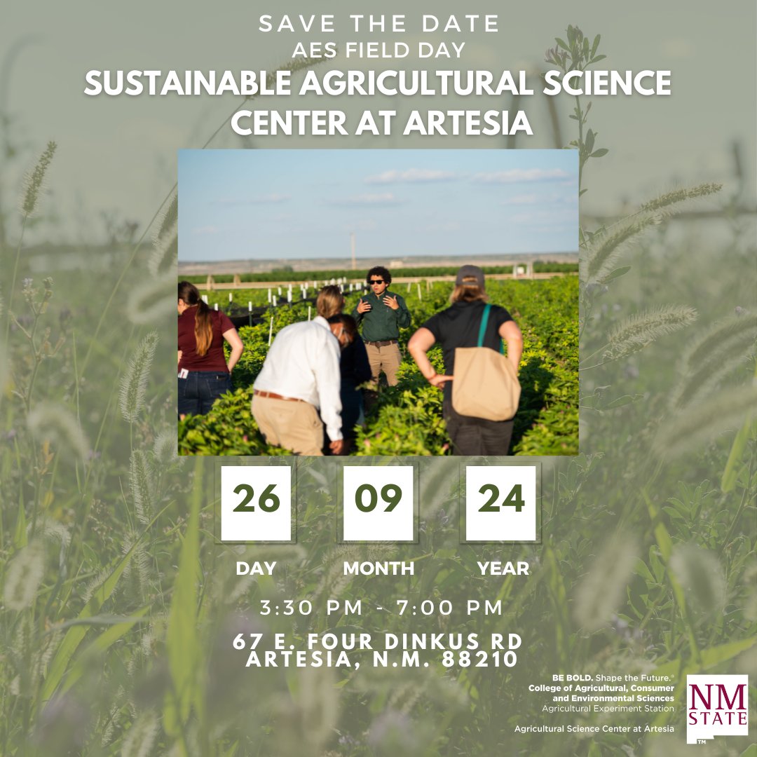 Join us on September 26th for the annual field day at the Agricultural Science Center at Artesia. Registration will start at 3:30 pm and research tours will start promptly at 5:00 pm. Event details to follow