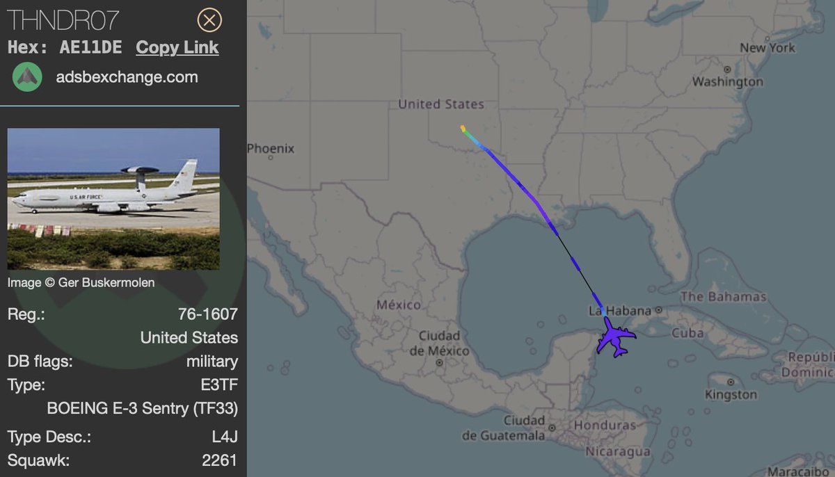 LatAmMilMVMTs's tweet photo. THNDR07 headed back to Tinker AFB after spending time in the Caribbean this morning/afternoon. Got fuel from EIDER61 while down there.
THNDR07 | 76-1607 | E-3G | #AE11DE | USAF https://t.co/E2FtxfRoRy