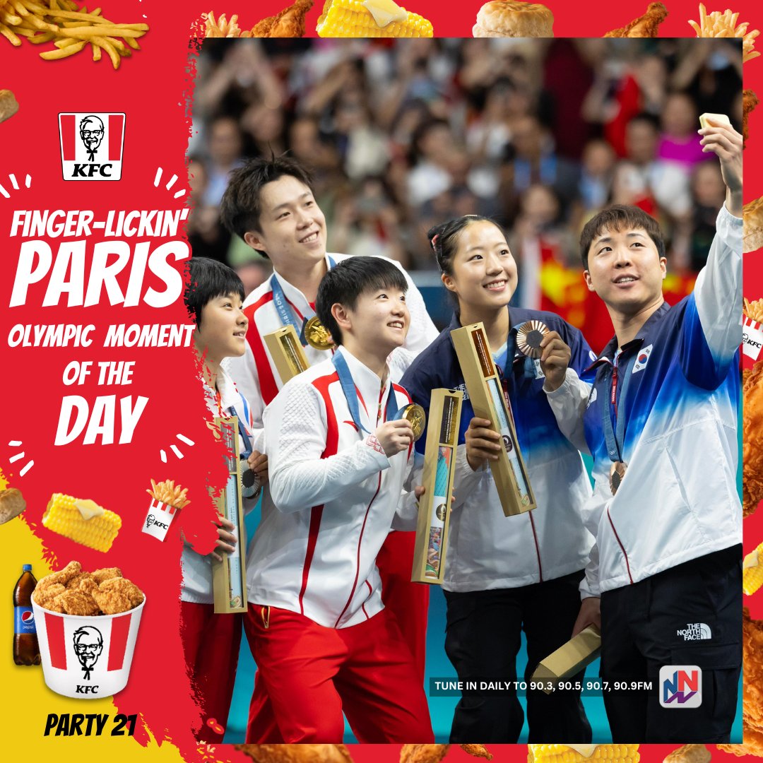 NationwideRadio's tweet image. #MofD: In the @kfcjamaica Finger Lickin' Good Olympic moment of the day, North Korea and South Korea mixed doubles table tennis teams share a selfie.

Despite years frosty relations, members of both teams bonded on the Olympic podium in Paris today.

#Paris24 #KFC #NNNinParis
