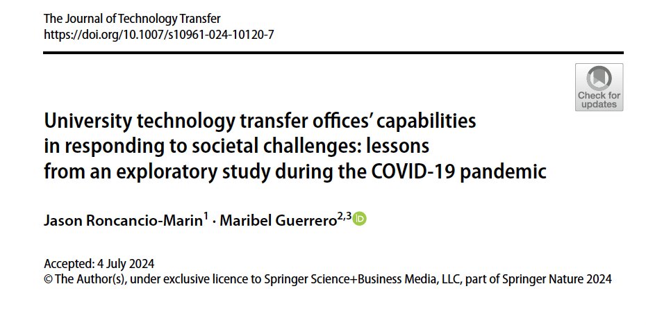Maribel Guerrero (@dr_mguerrero) on Twitter photo Dear colleagues,
Are you interested in knowing how #UTTOs (re)configure their #capabilities and #strategies in response to #societalchallenges?
We invite you to take a look at our paper published in #JOTT journal <a href="/SpringerNature/">Springer Nature</a>:
link.springer.com/10.1007/s10961… Dear colleagues,
Are you interested in knowing how #UTTOs (re)configure their #capabilities and #strategies in response to #societalchallenges?
We invite you to take a look at our paper published in #JOTT journal <a href="/SpringerNature/">Springer Nature</a>:
link.springer.com/10.1007/s10961…