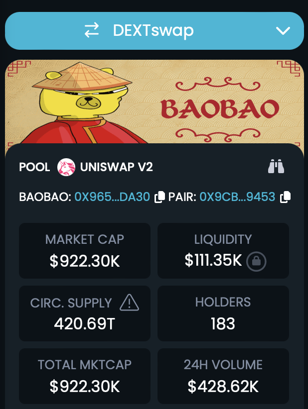 BaoBaoERC's tweet photo. $BaoBao Dextools socials also leveled up! 🏮📷⛩️ https://t.co/OINnsLeZpV