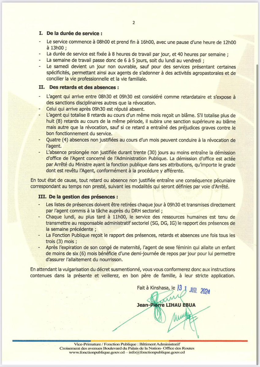 FonctionPubliqueRdc (@fp_rdc) on Twitter photo NOTE CIRCULAIRE SUR LES NOUVEAUX HORAIRES QUI VONT S'APPLIQUER DANS TOUTES LES ADMINISTRATIONS ET SERVICES PUBLICS A PARTIR DE CE 01er AOUT 2024.
<a href="/LihauEbua/">Jean-Pierre LIHAU</a> <a href="/carloskaloto/">Carloskaloto</a> <a href="/malcomkambaj/">KAMBAJ KATSHIN</a> <a href="/dany_kab/">Daniel KABUKALA 🇨🇩</a> <a href="/BosekoBob/">Bob Boseko</a> <a href="/ChristianLukoki/">Lukoki Nseka</a> <a href="/lilembu_pierre/">Pierre Lilembu</a> NOTE CIRCULAIRE SUR LES NOUVEAUX HORAIRES QUI VONT S'APPLIQUER DANS TOUTES LES ADMINISTRATIONS ET SERVICES PUBLICS A PARTIR DE CE 01er AOUT 2024.
<a href="/LihauEbua/">Jean-Pierre LIHAU</a> <a href="/carloskaloto/">Carloskaloto</a> <a href="/malcomkambaj/">KAMBAJ KATSHIN</a> <a href="/dany_kab/">Daniel KABUKALA 🇨🇩</a> <a href="/BosekoBob/">Bob Boseko</a> <a href="/ChristianLukoki/">Lukoki Nseka</a> <a href="/lilembu_pierre/">Pierre Lilembu</a>