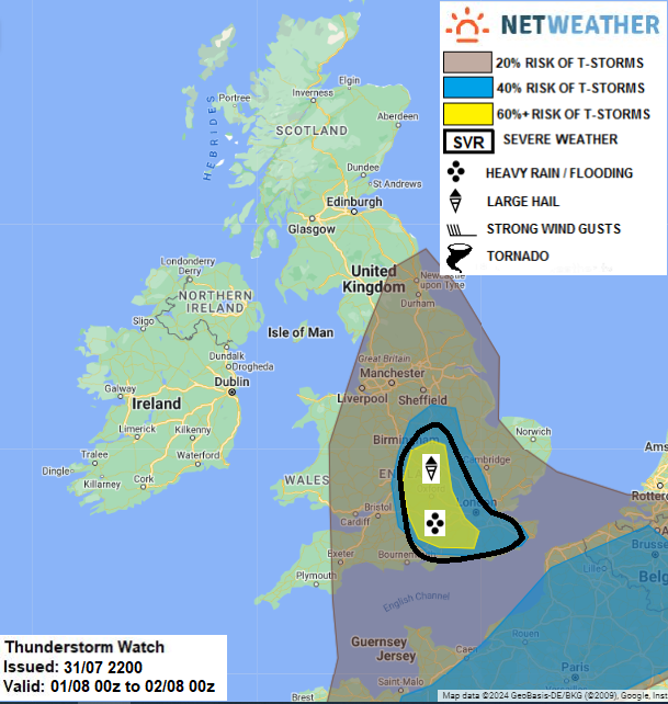 Nick's Weather Eye (@nickjf75) on Twitter photo SEVERE THUNDERSTORM WATCH - THURS 01 AUG 2024
Hazards:
-Large hail
-Flash-flooding
-Frequent cloud-to-ground lightning
Forecast from <a href="/Netweather/">Netweather</a>
netweather.tv/weather-foreca… SEVERE THUNDERSTORM WATCH - THURS 01 AUG 2024
Hazards:
-Large hail
-Flash-flooding
-Frequent cloud-to-ground lightning
Forecast from <a href="/Netweather/">Netweather</a>
netweather.tv/weather-foreca…
