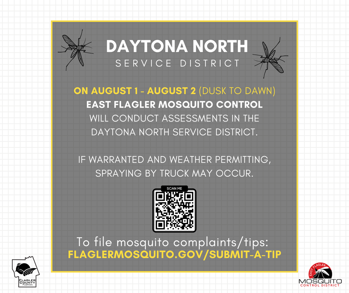 FlaglerCtyGov's tweet photo. 🚫🦟📣 On August 1-2 (dusk to dawn) East Flagler Mosquito Control will conduct assessments in the Daytona North Service District. If warranted and weather permitting, spraying by truck may occur. To file mosquito complaints/tips, visit: https://t.co/L9Xy1SSCNp. #FlaglerFirst https://t.co/wHTlMo20Cw
