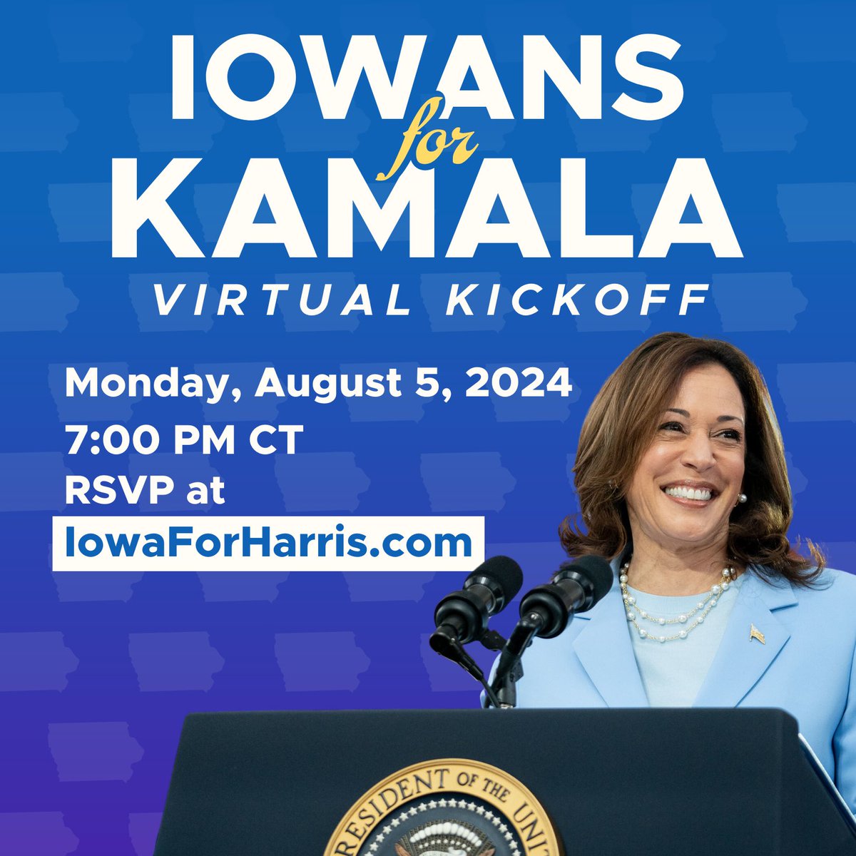 Iowans, you’ve been asking when we were going to get this party started— well, the party is getting started! Meet us on Monday to plug-in and to help <a href="/KamalaHarris/">Kamala Harris</a> and our state in our collective fight for freedom. RSVP at IowaForHarris.com!