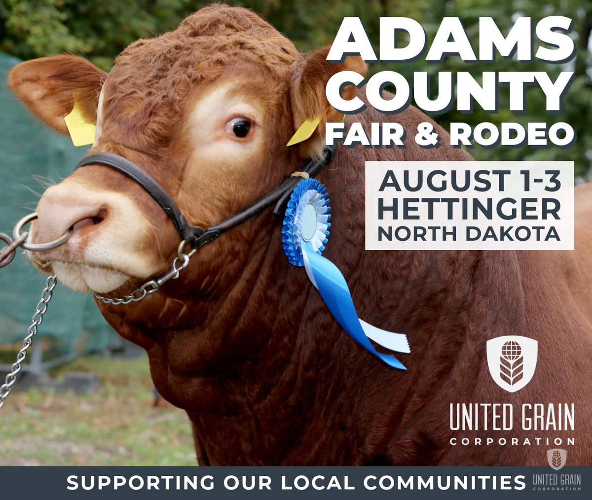 UnitedGrain's tweet photo. See you next week at the Adams County Fair in Hettinger, North Dakota, from August 1-3, 2024. Celebrate the summer together and make unforgettable memories! #AdamsCountyFair #HettingerND #NorthDakota #SupportLocal #UnitedGrainCares https://t.co/65XdYxjsrj