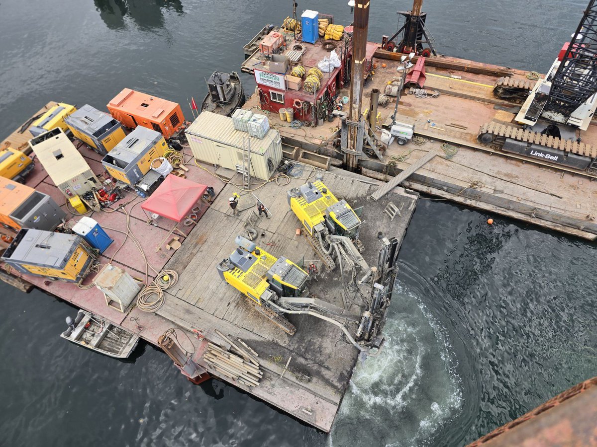 RuskinConst's tweet photo. Ruskin has started work on a project for BC Ferries. With all the challenges of working nearby multiple active ferry berths, our team has managed to dredge, pile drive, drill and blast all within the footprint of a single ferry. #MarineConstruction #PileDriving https://t.co/0EnA8JONBe