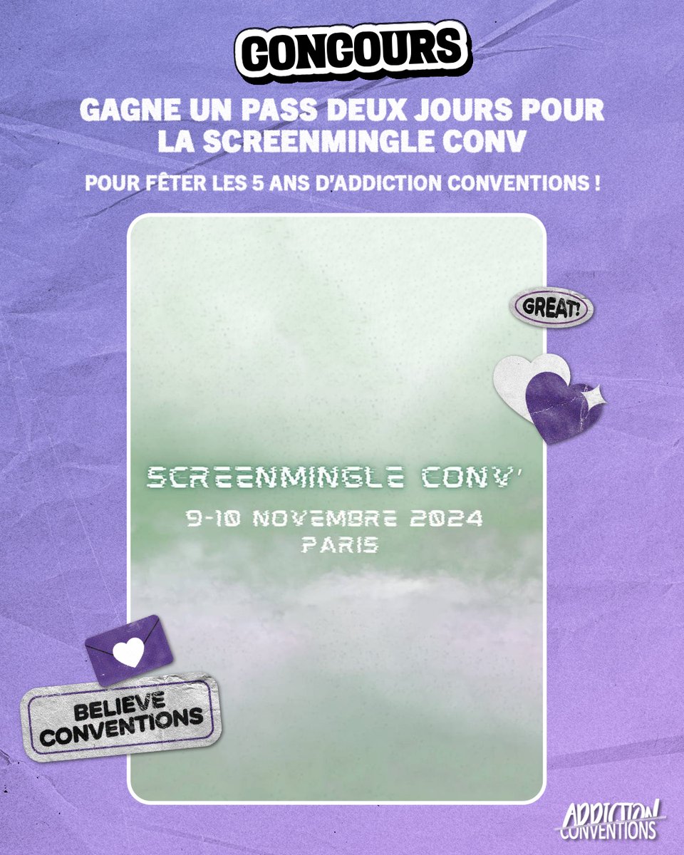AddictionConv's tweet image. J9 #CONCOURS #GIVEAWAY

Tente de gagner un pass deux jours pour la #SMC de @Believe_conv !

- Follow @Believe_conv  et @AddictionConv
- RT ce tweet

Tirage au sort le 18/8