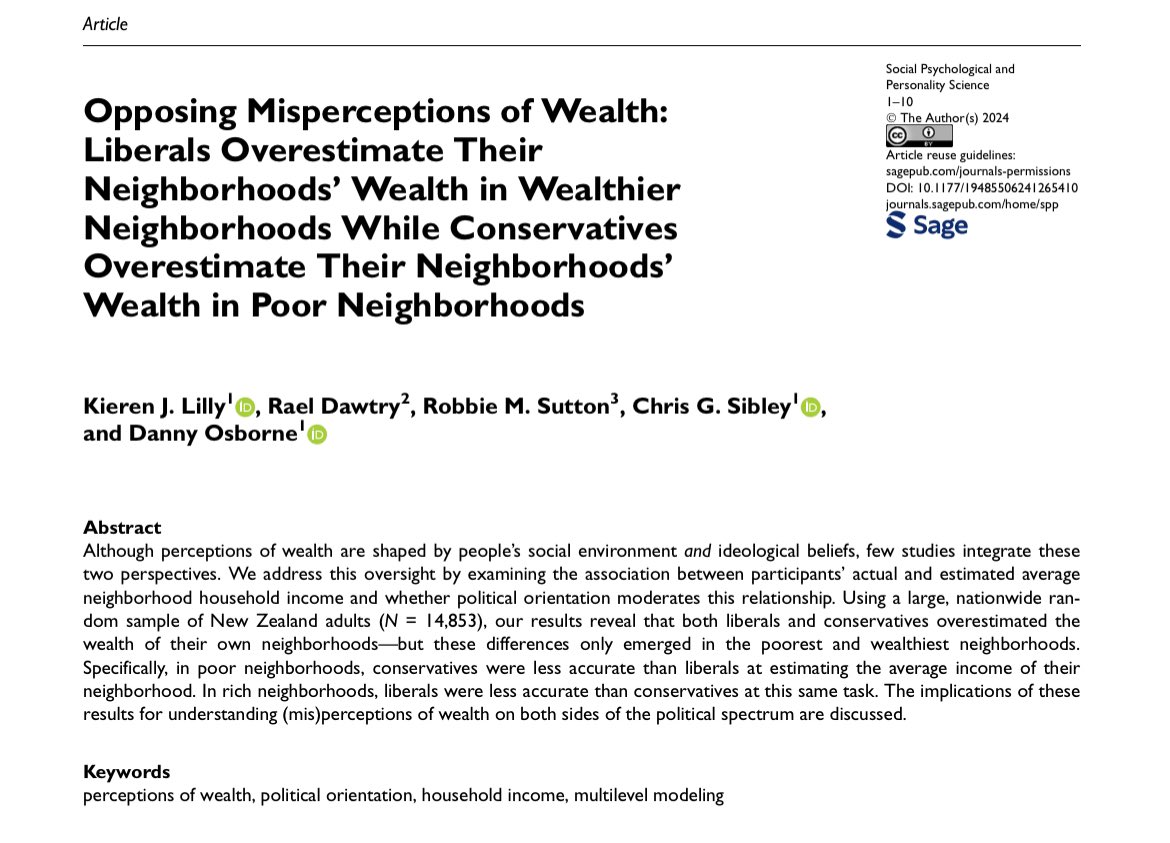 kierenlilly's tweet image. Excited to see our latest paper out in #SPPS!

Here, we examine perceptions of wealth across poor and wealthy neighbourhoods in New Zealand, and how political orientation affects (mis)perceptions of wealth in these neighbourhoods.

#OpenAccess here: doi.org/10.1177/194855…