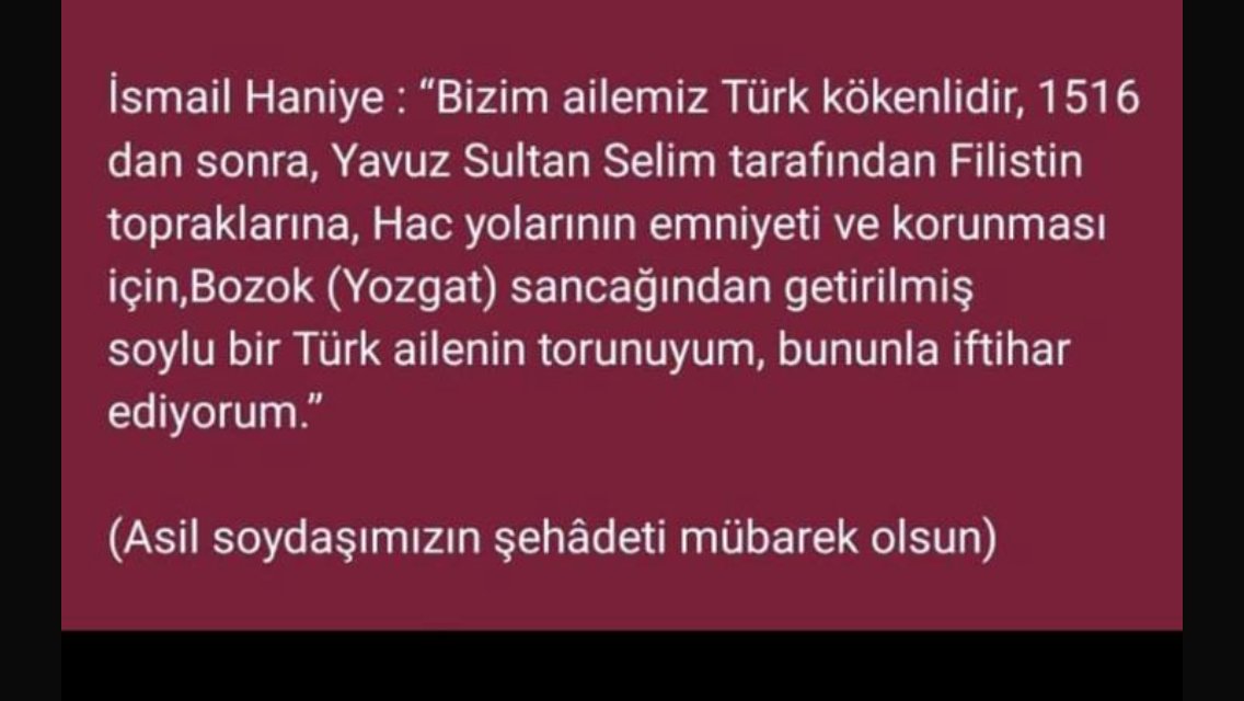 Sayın Haniye nin şehadeti Türk İslam milletinin serhat muhafızının kaybıdır.
Mekanı Cennet tir.