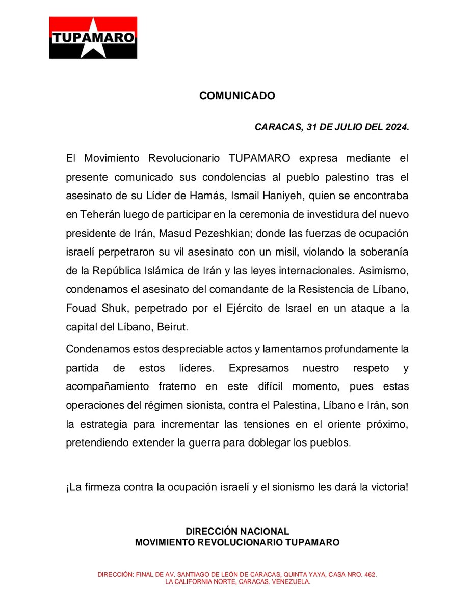 El Movimiento Revolucionario TUPAMARO expresa sus condolencias al pueblo de Palestina tras el asesinato de su líder de Hamás, Ismail Haniyeh. Asimismo, condenamos el asesinato del comandante de la resistencia de Líbano, Fouad Shuk. Éstas acciones pretenden doblegar a los pueblos.