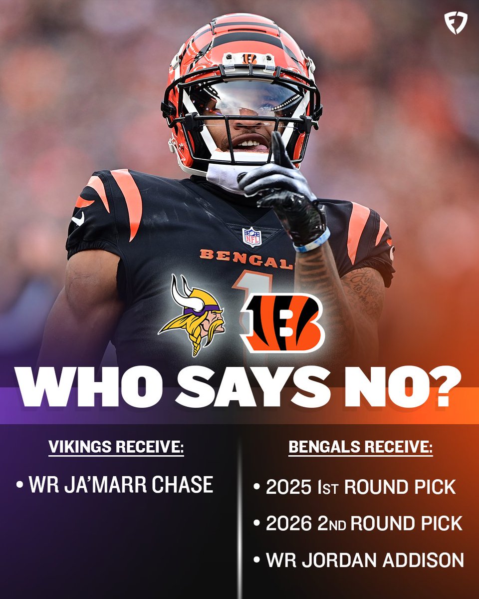 FanDuel's tweet photo. We know Ja'Marr Chase and Justin Jefferson look good in purple &amp; white 😤

Should the Bengals and Vikings do this trade to reunite the two LSU WRs? 🤔

#RuleTheJungle | #SKOL https://t.co/XjLtAKDG9k