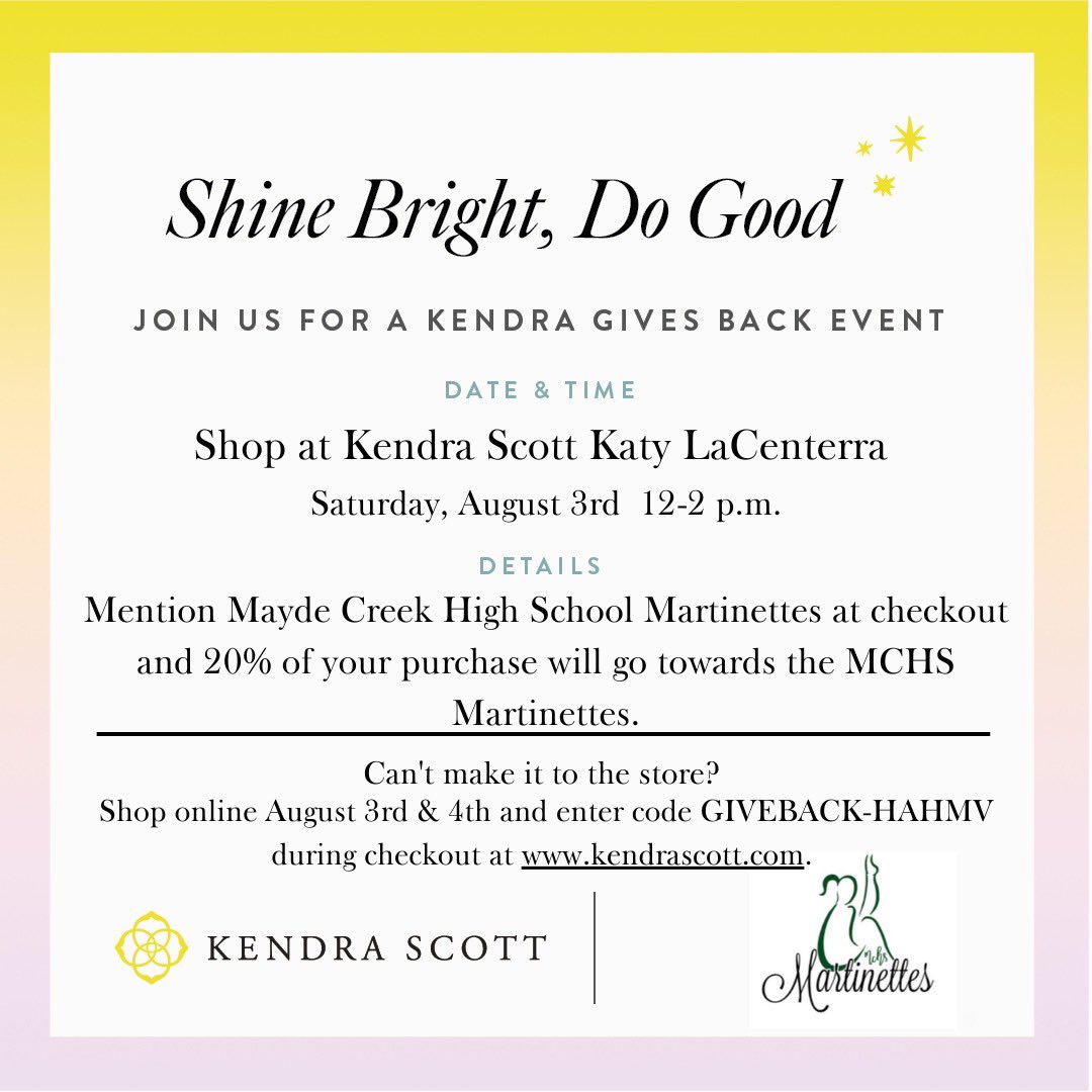 MCHS Martinettes (@mchsmartinettes) on Twitter photo Looking for the perfect gift or just to treat yourself? Come on out to Kendra Scott at La Centerra on Saturday August 3rd from 12-2pm to help Martinettes raise funds for their 2024-2025 season! Looking for the perfect gift or just to treat yourself? Come on out to Kendra Scott at La Centerra on Saturday August 3rd from 12-2pm to help Martinettes raise funds for their 2024-2025 season!