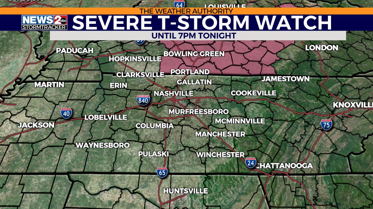 PLEASE SHARE! A Severe T-Storm Watch has been issued for counties in Southern KY until 7 PM. Stay weather aware over the next few days as more storms are in the forecast. wkrn.com/weather-headli…