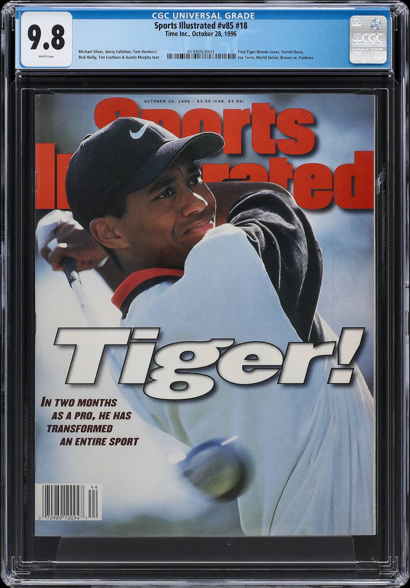 Tiger's 1st SI cover and 1st 9.8 graded magazine on the market! ⛳ 

This Oct. 28, 1996 Sports Illustrated Tiger Woods 1st Cover (Newsstand) - Pop 11, None Higher - CGC 9.8 is available now in our July Elite Auction: bit.ly/46u8wyb