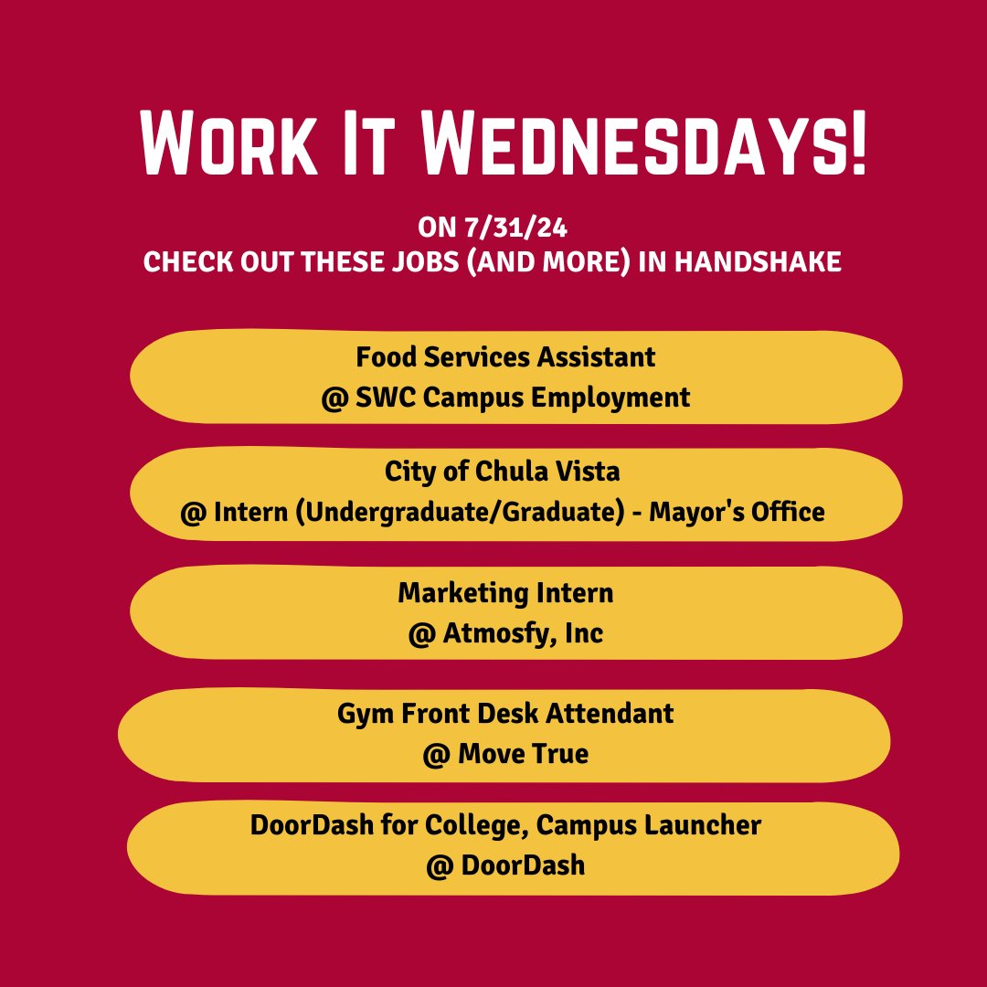 Happy Wednesday! Here are some more of our Career Peer Advisor's picks for jobs on Handshake. :)
Visit the Handshake link in our bio to learn more!