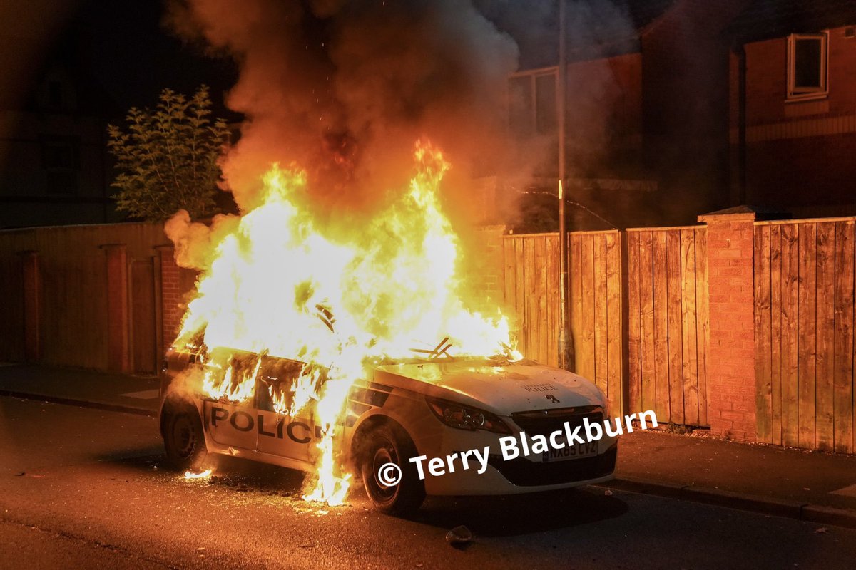 Police Car has been set alight in #hartlepool following disorder and rioting. Picture by Terry Blackburn.