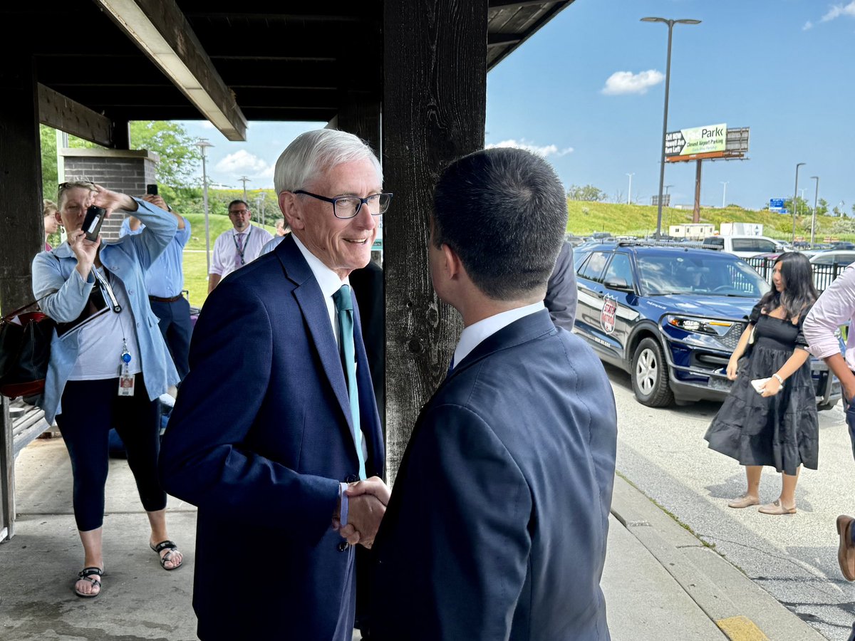 GovEvers's tweet photo. Great to welcome @SecretaryPete to Wisconsin today and take a ride on an @Amtrak to highlight the work we’re doing together with the Biden-Harris Administration to expand passenger rail in Wisconsin and build the 21st-century infrastructure Wisconsinites deserve. https://t.co/hIzY55ZVUK