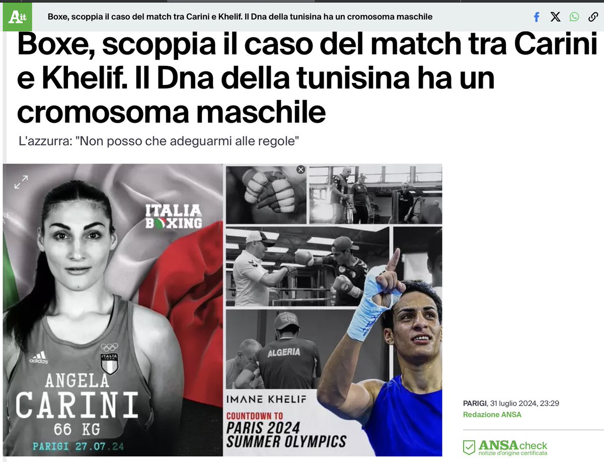 <a href="/il_pat/">Pat</a> Imane Khelif.  Ansa : #Boxe, scoppia il caso del match tra #Carini e #Khelif. Il Dna della tunisina ha un cromosoma maschile L'azzurra: "Non posso che adeguarmi alle regole" #PARIGI 31 luglio 2024 23:29  Angela Carini  Imane Khelif   reddit.com/r/Italia/comme…   #GIOCHIOLIMPICI