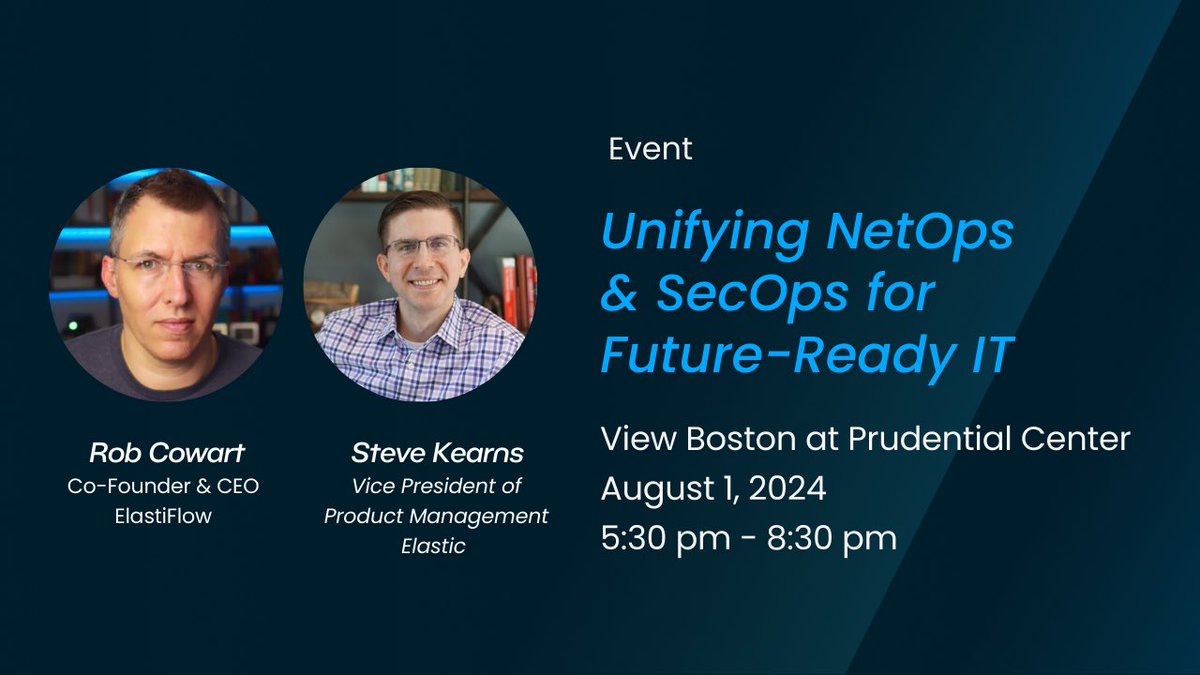 ElastiFlow's tweet image. Exciting times ahead! Join ElastiFlow&apos;s CEO Robert Cowart and Elastic&apos;s VP Steve Kearns tomorrow as they discuss the convergence of NetOps and SecOps. Discover key insights and unified tools to streamline operations. #ElastiFlow #NetOps #SecOps #FutureReadyIT…
