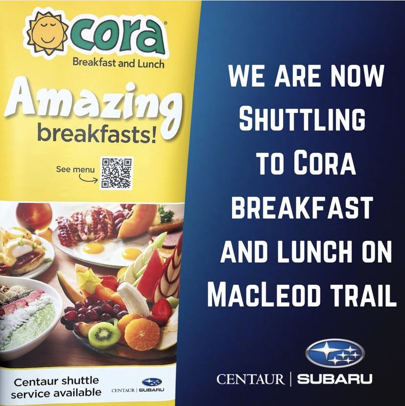 Great news! We now offer a shuttle service to and from Centaur Subaru to Cora’s Breakfast and Lunch on McLeod Trail. Now you have a chance to enjoy a meal while your vehicle is being serviced. 🍳