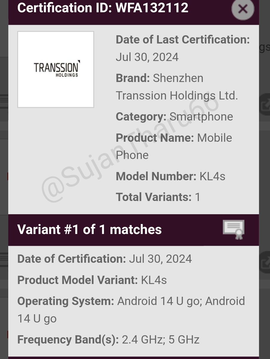 SujanTharu66's tweet image. Tecno Spark Go series one more smartphone Spotted on WIFI Alliance certification with model no KL4s
🛜WiFi 2.4/5ghz
🍭Android 14 U Go
#tecnosparkgo #tecno