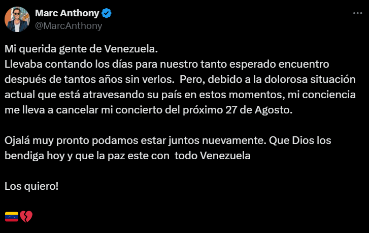 RNacional_News's tweet photo. 🟥 ATENCIÓN l El cantante Marc Anthony cancela su concierto en VENEZUELA porque no puede ir a un país donde hay un genocida como Maduro que se robó las elecciones.🔥 ¿Apoyas? 🇻🇪 https://t.co/njkG2cG4Ul