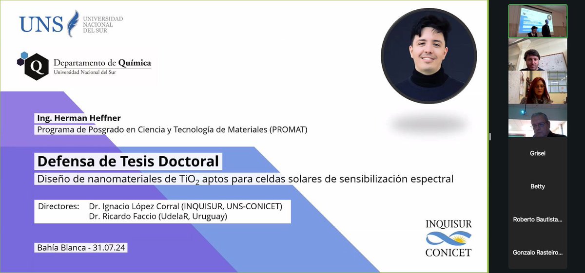 Ricardo Faccio (@rjfaccio) on Twitter photo Hoy se cerró una linda etapa de colaboración con el flamante Dr. <a href="/HermanHeffner/">Herman Heffner</a>, quién presentó su trabajo doctoral “Diseño de nanomateriales de TiO2 aptos para
celdas solares sensibilizadas por colorante”. Un abordaje teórico de las celdas solares DSSC 🇦🇷🇺🇾. Hoy se cerró una linda etapa de colaboración con el flamante Dr. <a href="/HermanHeffner/">Herman Heffner</a>, quién presentó su trabajo doctoral “Diseño de nanomateriales de TiO2 aptos para
celdas solares sensibilizadas por colorante”. Un abordaje teórico de las celdas solares DSSC 🇦🇷🇺🇾.