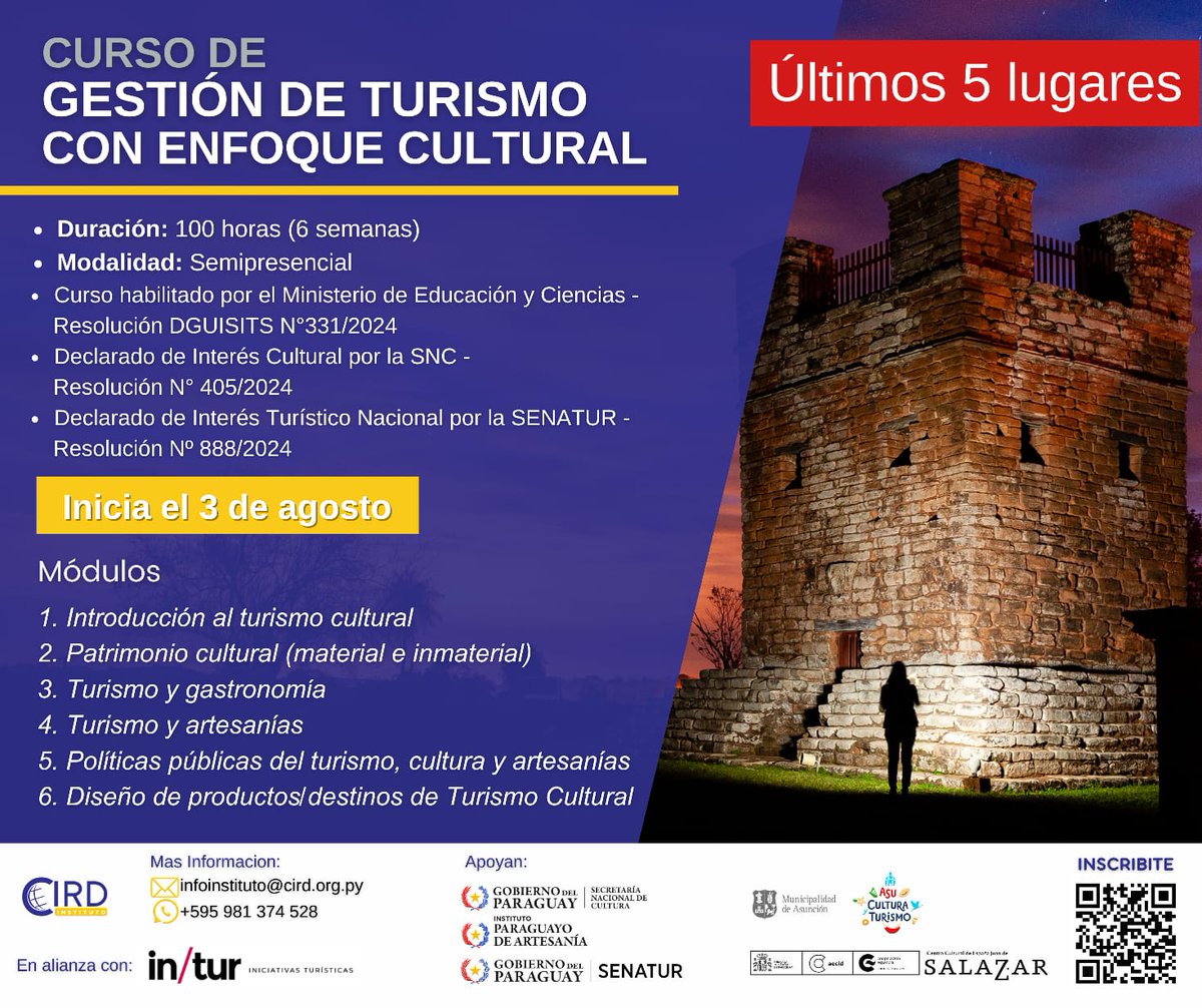 institutocird's tweet photo. 📢 ÚLTIMOS 5 LUGARES 📢

Nos quedan pocos lugares para el Curso de Gestión del Turismo con enfoque Cultural🏛🔝

Contamos con promociones vigentes👀🎉

¡Asegura tu lugar en el Curso, INSCRÍBITE AHORA y da el primer paso hacia una carrera en el turismo cultural! 🌏✨ https://t.co/VcNueMrMor