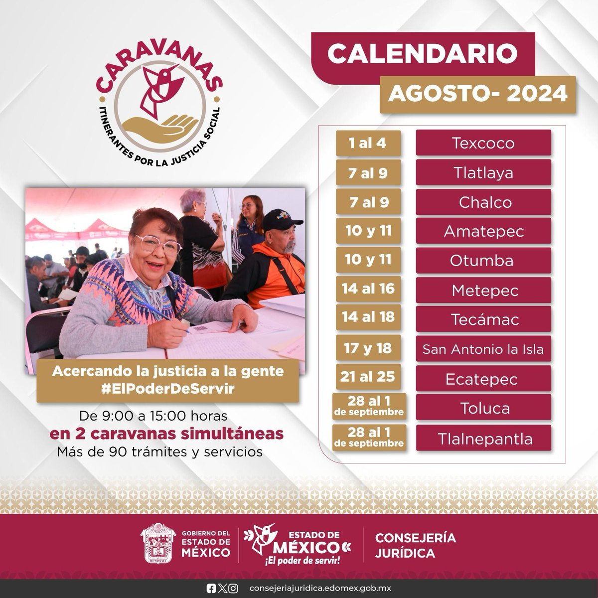 Durante agosto, las #CaravanasItinerantes llegarán a diferentes municipios del #EstadoDeMéxico, ¡consulta el calendario!
.<a href="/CJ_Edomex/">Consejería Jurídica</a> continúa trabajando para acercar la justicia a la gente, llevando diferentes trámites y servicios a la población.
#ElPoderDeServir