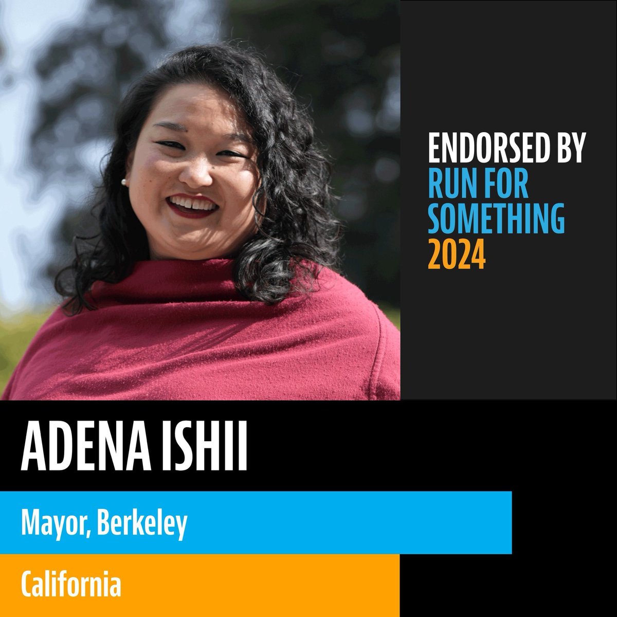 adenaishii's tweet image. I’m proud to receive the endorsement of Run for Something (RFS) @runforsomething, the groundbreaking organization that recruits and supports strong voices in the next generation of progressive leadership.

#runforsomething #AdenaForBerkeleyMayor