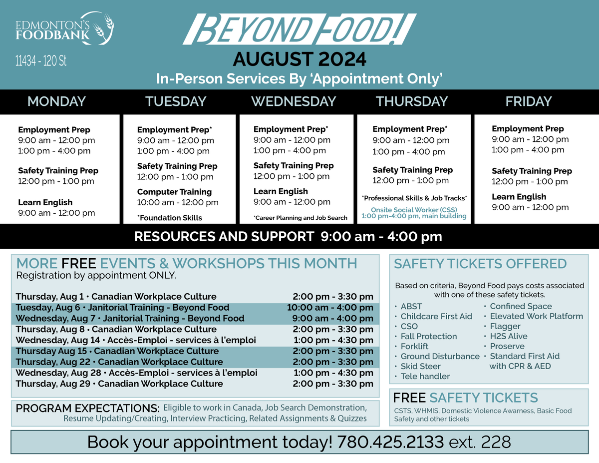 Please share our Beyond Food calendar for the month of August. Thank YOU! #yeg #edmonton #yegfoodbank #feedyeg