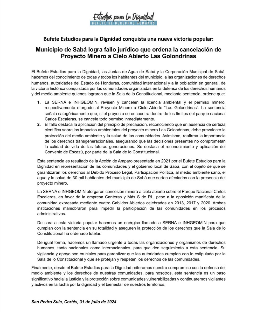 📣🛑 Bufete Estudios para la Dignidad conquista una nueva victoria popular:
Municipio de Sabá logra fallo jurídico que ordena la cancelación de Proyecto Minero a Cielo Abierto Las Golondrinas.
