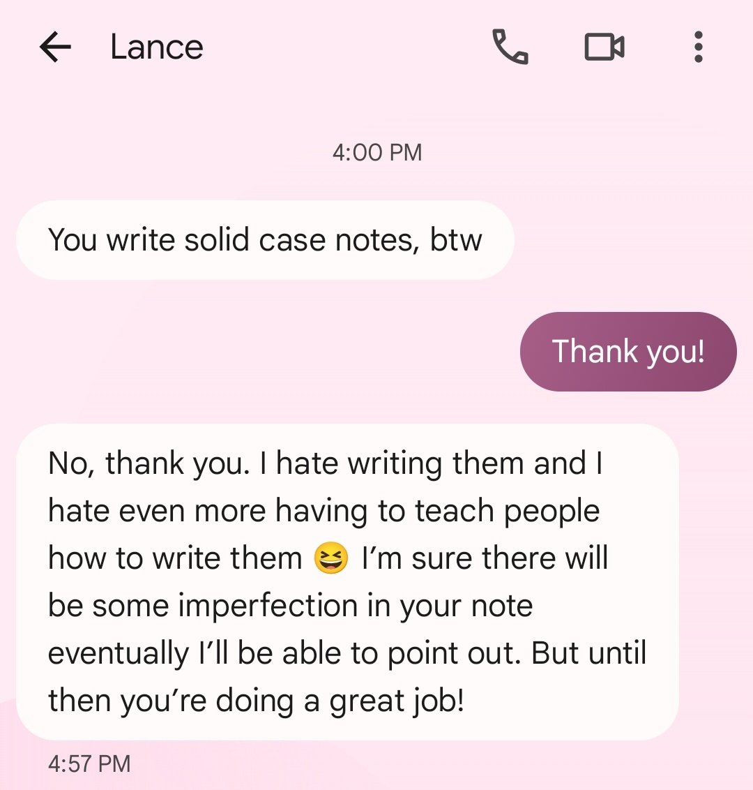 Jadenhaley's tweet photo. As a therapist, this might be the best compliment I could receive from my supervisor https://t.co/0b0A1wD7c8