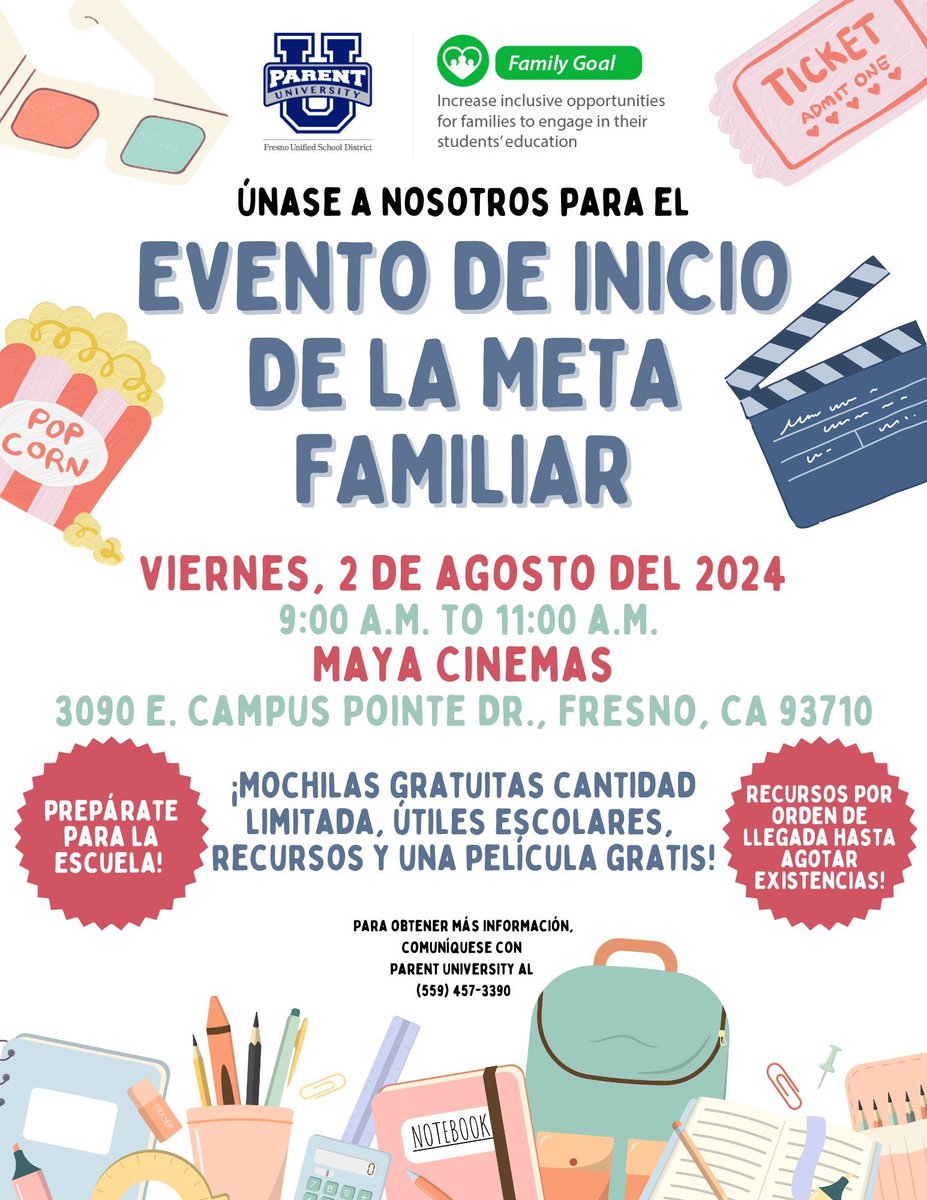 🎒📚 Fresno Unified’s Parent University is excited to invite families to our special back-to-school event on Friday! We'll have new backpacks and school supplies for students on a first-come, first-served basis. See you there!