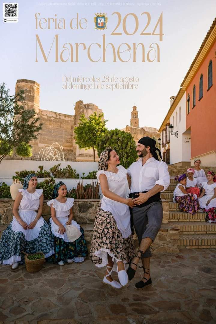 📸 Cartel anunciador de la Feria de Marchena 2024, que se celebrará del 28 de agosto al 1 de septiembre, cuya autoría es de don Juan Antonio Aguilar. La obra recoge el baile de sevillanas marcheneras, folclore característico que reproduce la recogida de aceitunas.