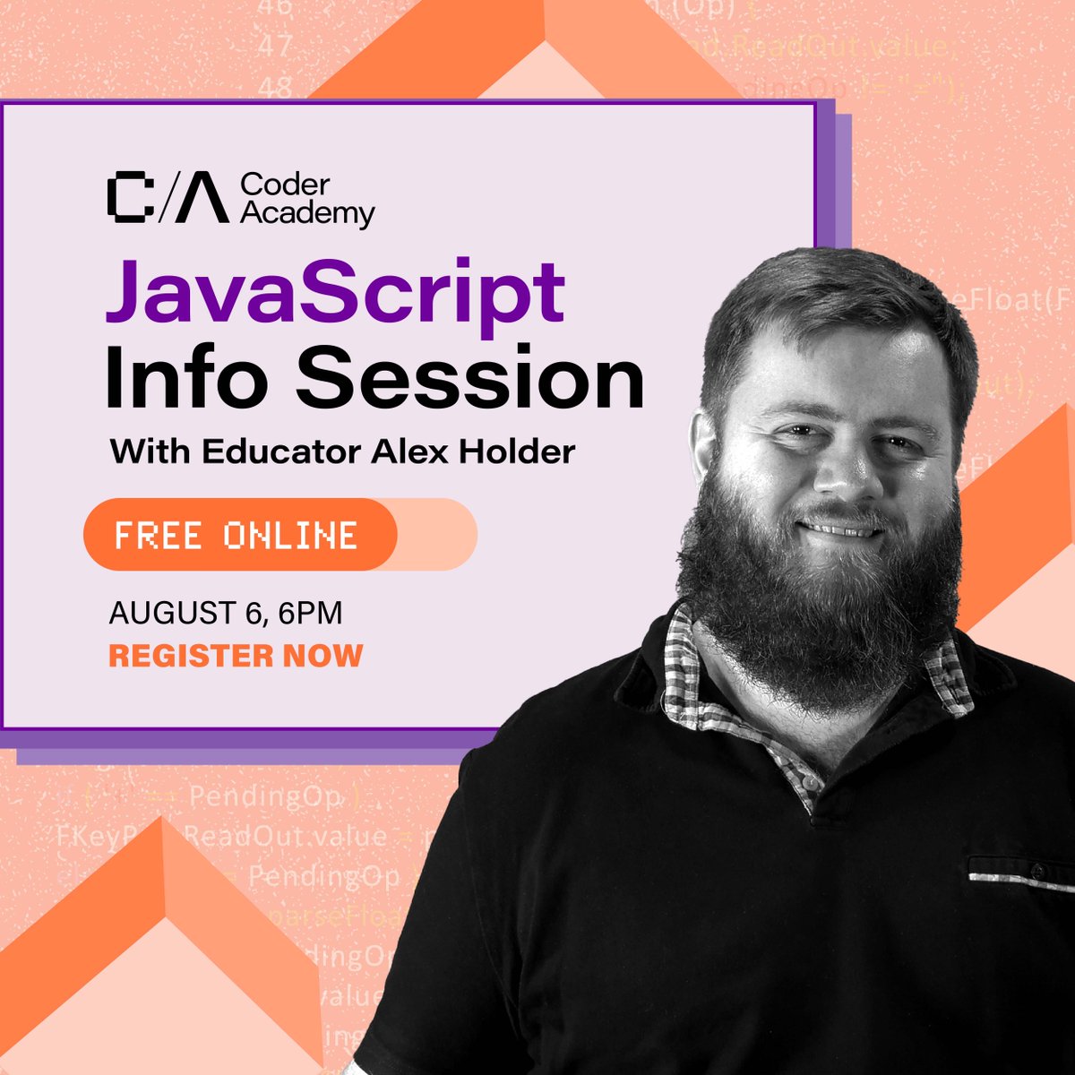 CoderAcademy_au's tweet image. Join us for a FREE JavaScript info session with Coder Academy Educator Alex Holder! ๐
Alex loves helping people unleash their creativity through coding. Learn about web requests, dynamic webpages. hubs.ly/Q02J9hgz0 โจ #JavaScript #WebDevelopment #CoderAcademy #FreeSession