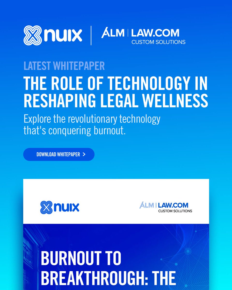 nuix's tweet photo. Nuix’s and industry authority ALM's latest whitepaper; "Burnout to Breakthrough” offers a roadmap for integrating technology to foster a more positive and sustainable work environment.
Download the whitepaper learn more: https://t.co/KWxDHf3Uh3
#Nuix #LegalTech #NuixNeoLegal https://t.co/7SWWUwcVsK