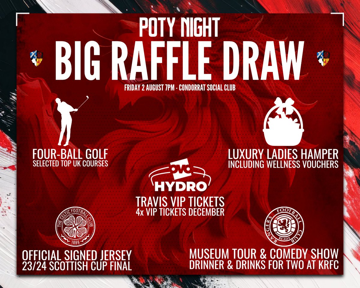 CondorratAFC's tweet photo. 🔴ℙ𝕆𝕋𝕐 ℕ𝕀𝔾ℍ𝕋 𝟚𝟘𝟚𝟜⚫️

Last chance to enter our big raffle draw hosted tomorrow night at Condorrat Social Club.

Big Draw Raffle Tickets: £10 per entry

Come on down for Live DJ, Buffet and Prizes won on the night.

For any tickets message us direct. 

Good luck! https://t.co/68npXXiU9v