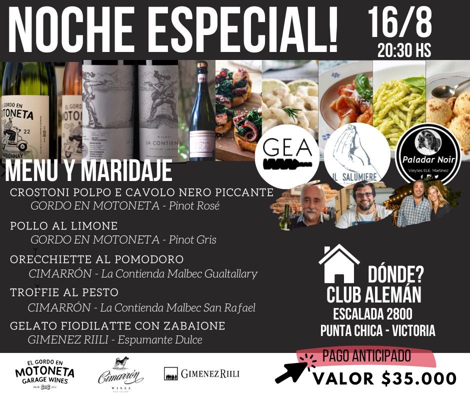 Nos encanta cuando los amigos avanzan!💪😍 Por eso acompañamos <a href="/arielsignetti/">Ariel Signetti 🇦🇷🇮🇹👨‍🍳</a>  en su nuevo espacio culinario en Victoria, Z. Norte 🤌🇮🇹❤️

Gran menú y grandes vinos presentados por Alex Rodríguez de GEA.

Bodegas:
El Gordo en Motoneta
Cimarrón
Gimenez Riili

Reservar previamente.