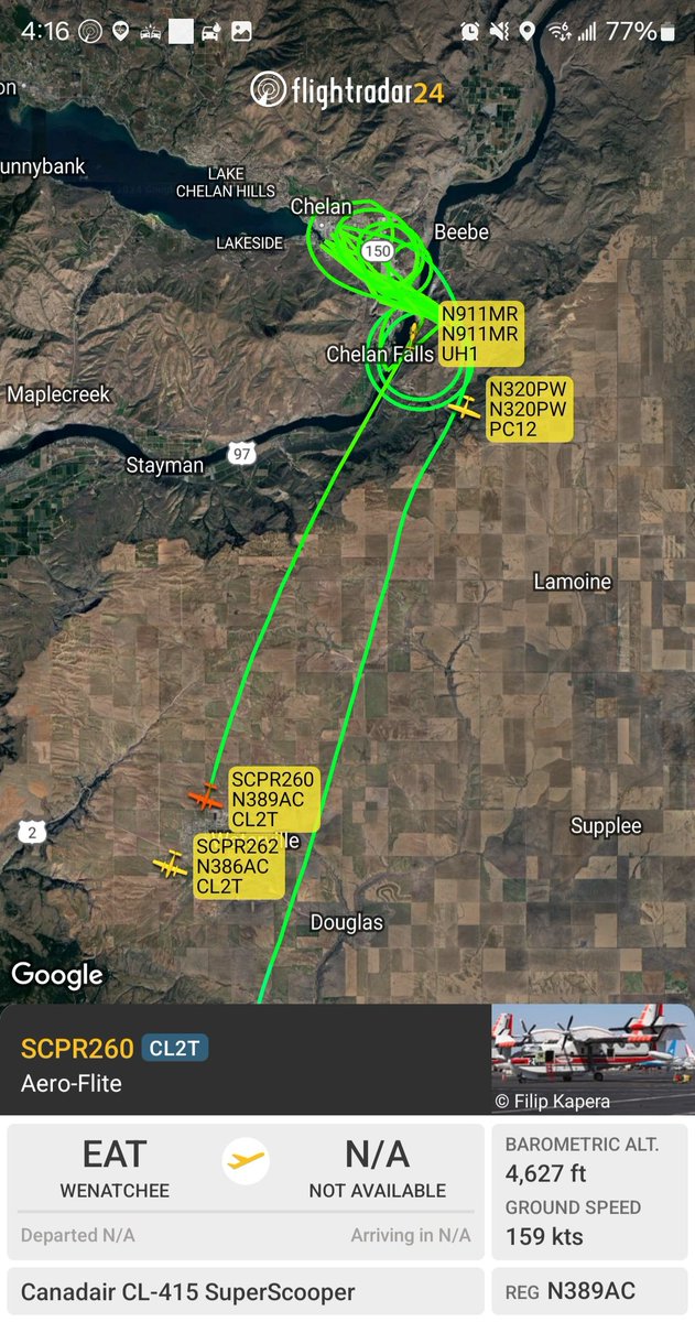 Borrowed7Time's tweet photo. The #FarnhamFire in Chelan/Douglas Co has burned 40+ acres. Air &amp; ground assets are operating. 

Spur Aviation Svcs PC12 N320PW #A36FAA

Chelan Co Fire District UH-1H N911MR #AC9B85 Rotor 1

Aero-Flite CL-415 x2 
N386AC #A47197 SCPR262 
N389AC #A47CBC SCPR260 
@Wa_fire_watch https://t.co/0SK697LHVz