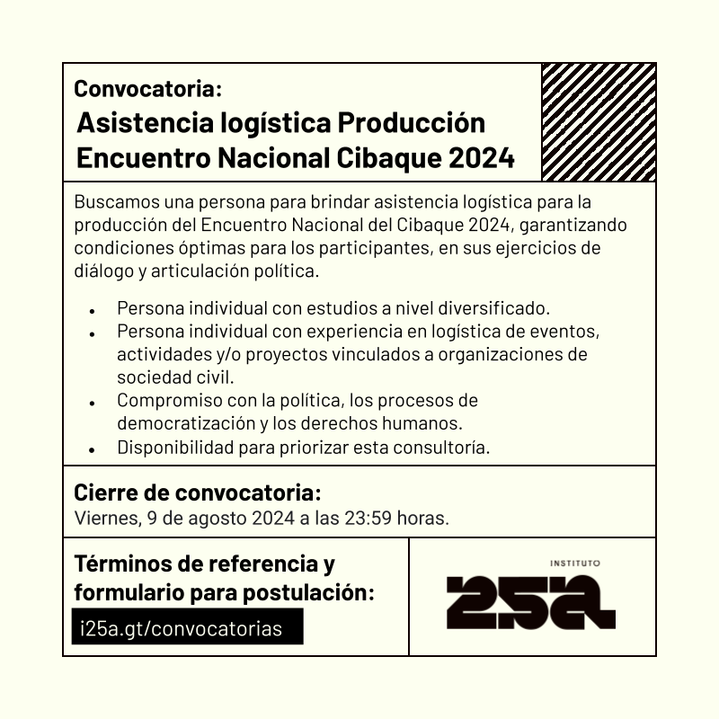 cibaque_gt's tweet photo. 📌¿Tienes experiencia produciendo actividades? 

Entonces esto te interesa 👀 

Abrimos #Convocatoria para apoyar la logística del Encuentro Nacional del #Cibaque2024 🧶

 Consulta los TDR 👉🏾  https://t.co/KyKUNz6q7g 

#LoCotidianoEsPolítico #Cibaque2024 #Juventudes https://t.co/ES98ENfA7i