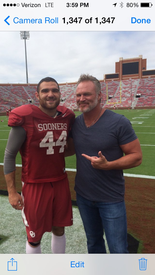 Barry Switzer (@barry_switzer) on Twitter photo September 11, 2014 Brian Bosworth and I were attending a Sooner practice! As always, punters were out early. I commented to Brian “ Brian they semi retired your jersey” he said “what do you mean Coach?”
“they gave it to a punter!” <a href="/OU_Football/">Oklahoma Football</a> <a href="/GotBoz44/">Brian Bosworth</a> September 11, 2014 Brian Bosworth and I were attending a Sooner practice! As always, punters were out early. I commented to Brian “ Brian they semi retired your jersey” he said “what do you mean Coach?”
“they gave it to a punter!” <a href="/OU_Football/">Oklahoma Football</a> <a href="/GotBoz44/">Brian Bosworth</a>
