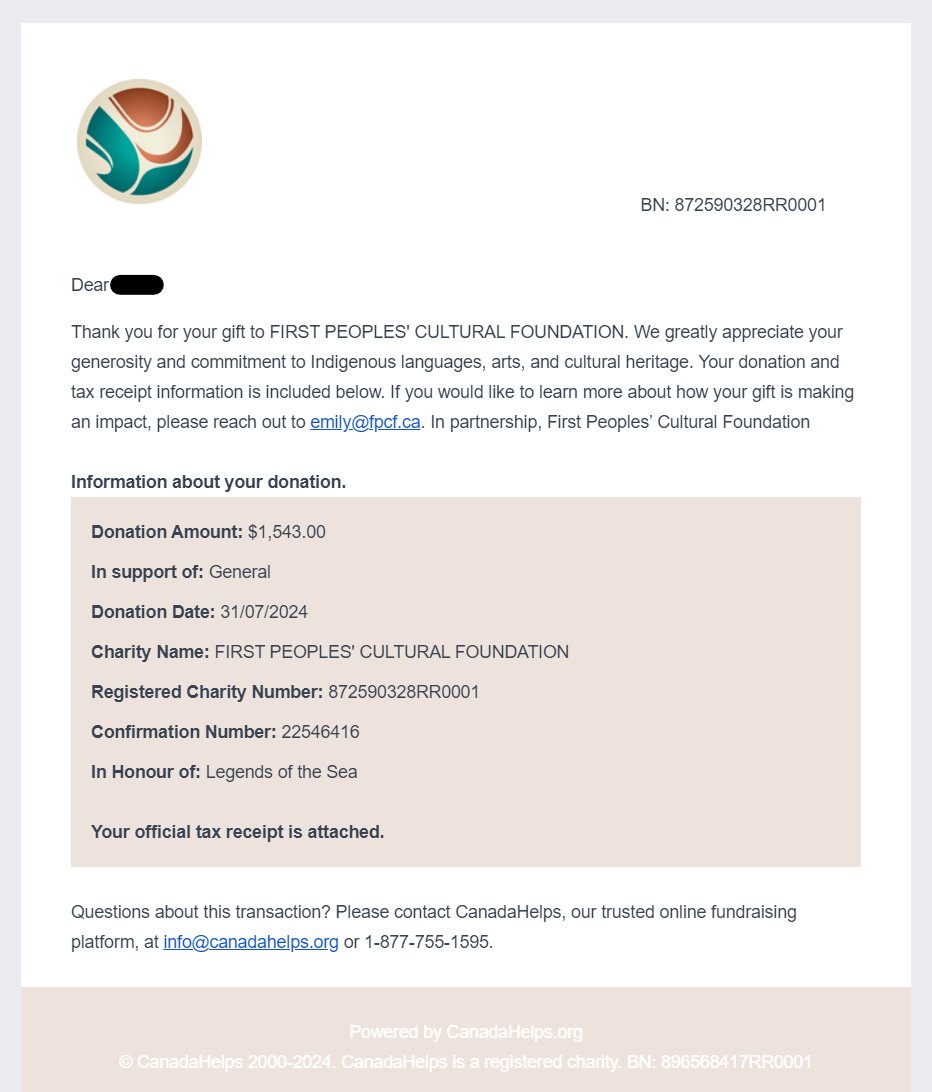 With your support we have successfully donated over $1500 CAD ($1000+USD!!!) to the FPCF (the First Peoples' Cultural Foundation)! 

Thank you all for your support of this wonderful project!