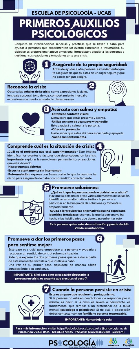 En busca de brindar intervención y alivio emocional inmediato en situaciones de estrés e incertidumbre, aquí te dejamos información relacionada con Primeros Auxilios Psicológicos. 
¡ESTAMOS CONTIGO! 🫱🏻‍🫲🏼
#PsicologíaUCAB #PrimerosAuxiliosPsicológicos